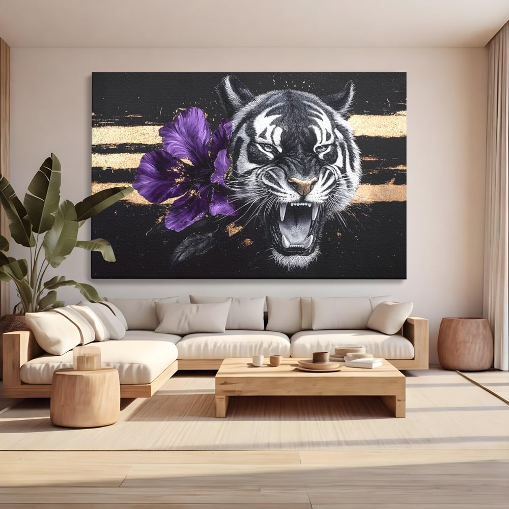 Tablou canvas cu tablou canvas cu tigru si iris violet, fara rama, pe sasiu de lemn, pe perete intr-un living